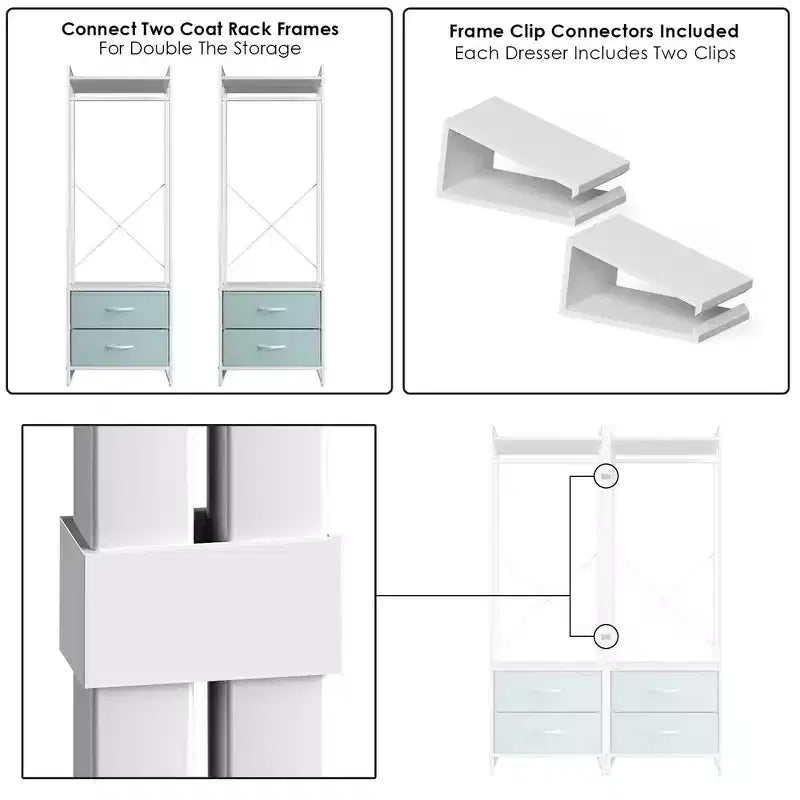 Appendiabiti con 2 cassetti e ripiano superiore in legno – Acqua / Nero / Grigio / Rosa / Ruggine / Bianco, 1 persona