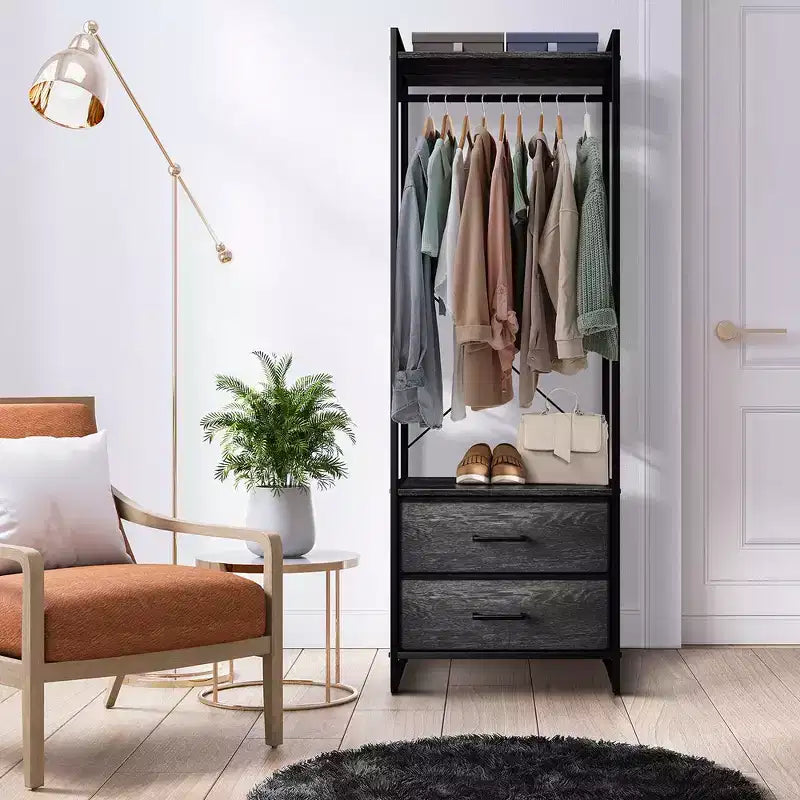Appendiabiti con 2 cassetti e ripiano superiore in legno – Acqua / Nero / Grigio / Rosa / Ruggine / Bianco, 1 persona