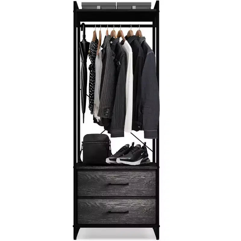 Appendiabiti con 2 cassetti e ripiano superiore in legno – Acqua / Nero / Grigio / Rosa / Ruggine / Bianco, 1 persona