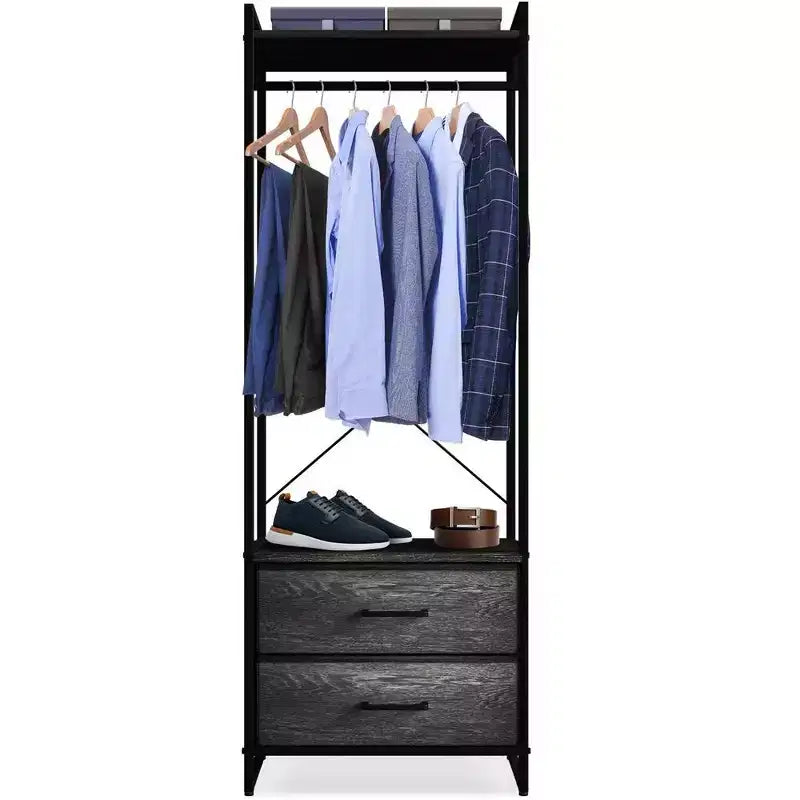 Appendiabiti con 2 cassetti e ripiano superiore in legno – Acqua / Nero / Grigio / Rosa / Ruggine / Bianco, 1 persona