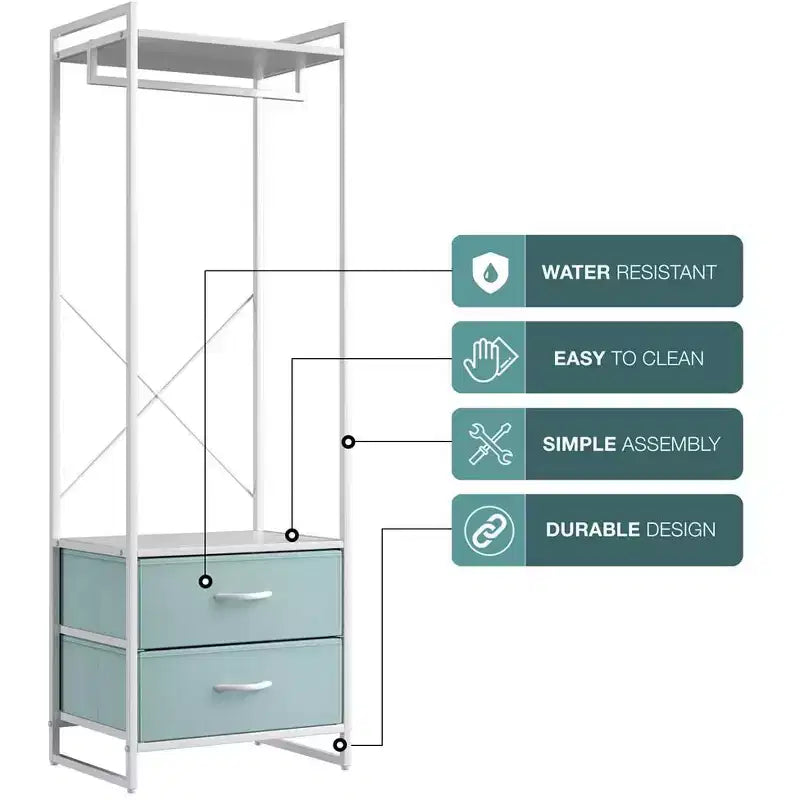 Appendiabiti con 2 cassetti e ripiano superiore in legno – Acqua / Nero / Grigio / Rosa / Ruggine / Bianco, 1 persona