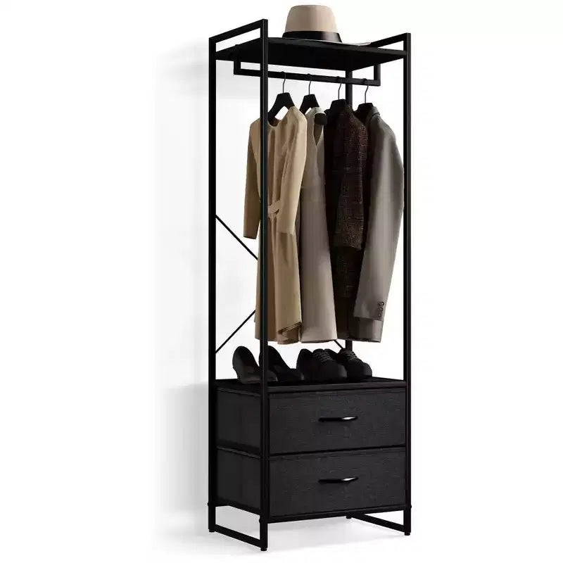 Appendiabiti con 2 cassetti e ripiano superiore in legno – Acqua / Nero / Grigio / Rosa / Ruggine / Bianco, 1 persona