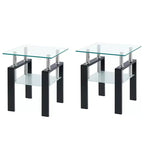 HomeRoots Set of Two Clear and Black Glass and Metal Square End Tables With Shelf