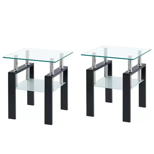 HomeRoots Set of Two Clear and Black Glass and Metal Square End Tables With Shelf