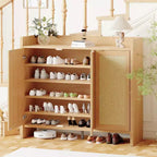 Cassettiera portascarpe con anta in rattan color rovere scuro/rovere chiaro, 3 ante, 6 ripiani, capacità 12+ paia