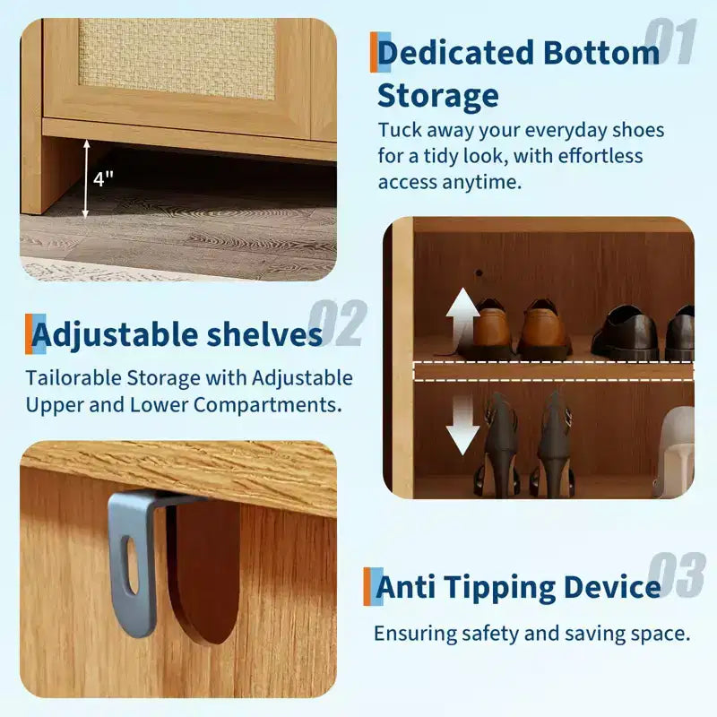 Cassettiera portascarpe con anta in rattan color rovere scuro/rovere chiaro, 3 ante, 6 ripiani, capacità 12+ paia