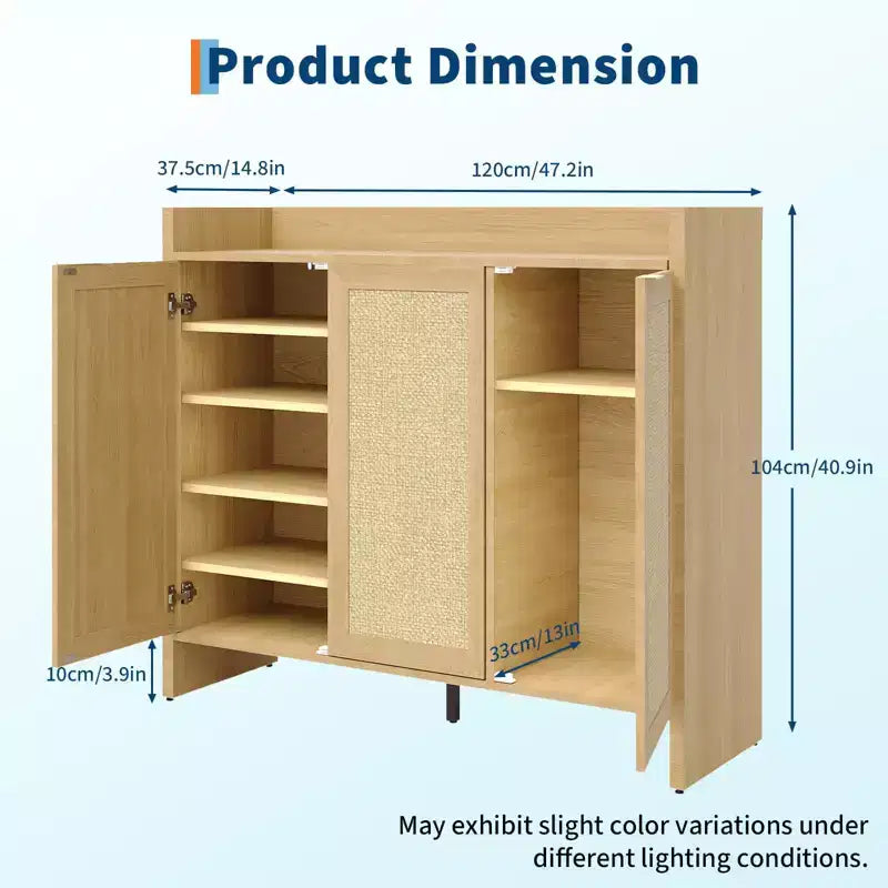 Cassettiera portascarpe con anta in rattan color rovere scuro/rovere chiaro, 3 ante, 6 ripiani, capacità 12+ paia