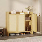 Cassettiera portascarpe con anta in rattan color rovere scuro/rovere chiaro, 3 ante, 6 ripiani, capacità 12+ paia