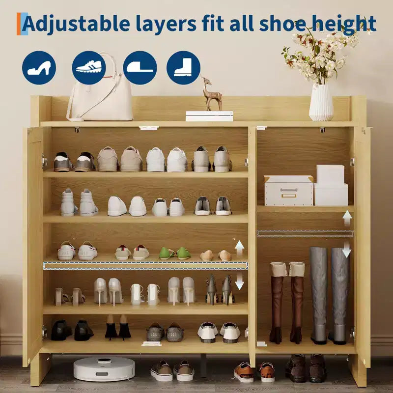 Cassettiera portascarpe con anta in rattan color rovere scuro/rovere chiaro, 3 ante, 6 ripiani, capacità 12+ paia