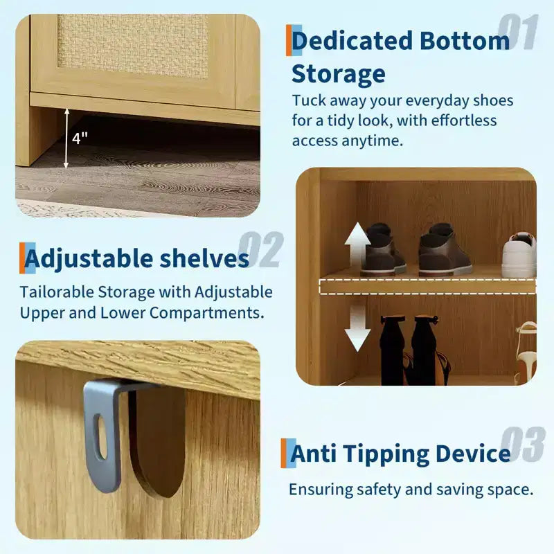 Cassettiera portascarpe con anta in rattan color rovere scuro/rovere chiaro, 3 ante, 6 ripiani, capacità 12+ paia