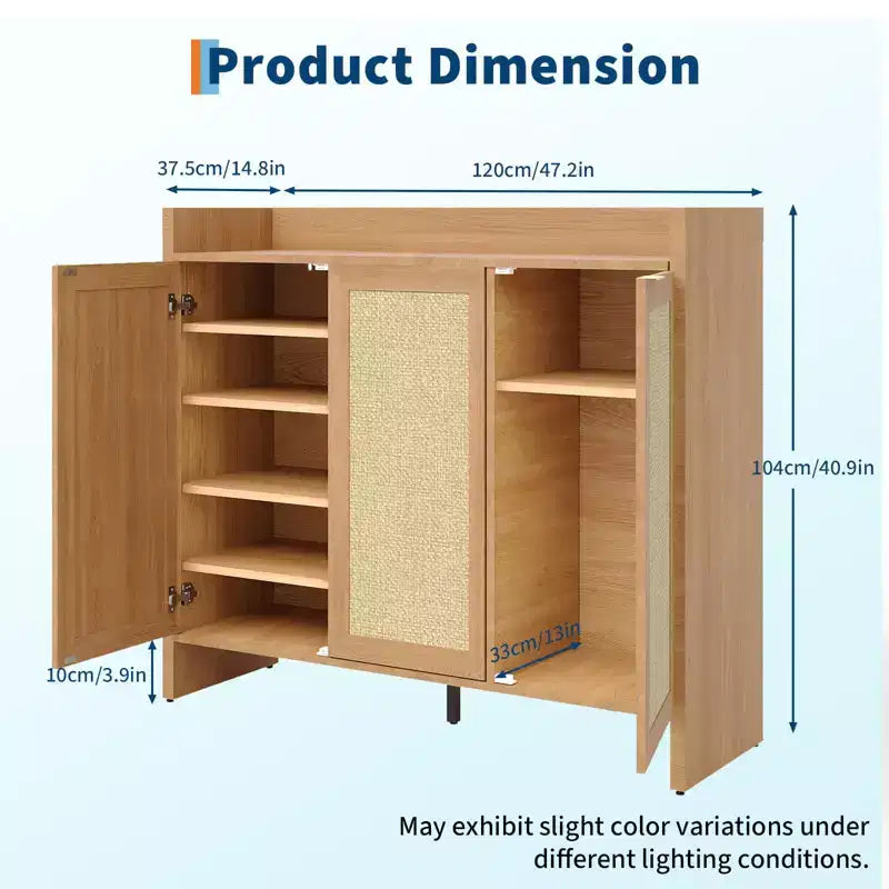 Cassettiera portascarpe con anta in rattan color rovere scuro/rovere chiaro, 3 ante, 6 ripiani, capacità 12+ paia