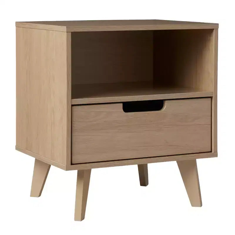 Comodino a 1 cassetto marrone con vano a giorno, stile Mid-Century, per 1