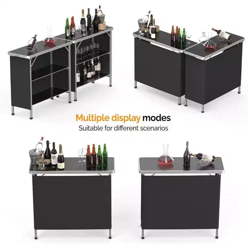 Tavolo da Bar Portatile Nero a 2 Ripiani per 2 – Telaio in Alluminio con Piano in MDF