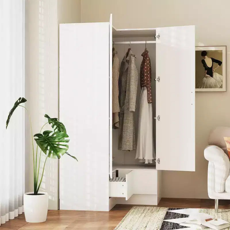 Armadio ad angolo marrone/bianco con 2 aste appendiabiti, 2 cassetti e mobile superiore – 1 persona