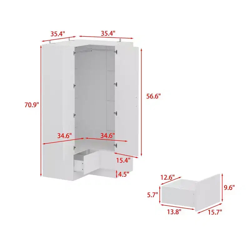 Armadio ad angolo marrone/bianco con 2 aste appendiabiti, 2 cassetti e mobile superiore – 1 persona