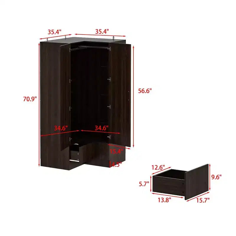 Armadio ad angolo marrone/bianco con 2 aste appendiabiti, 2 cassetti e mobile superiore – 1 persona
