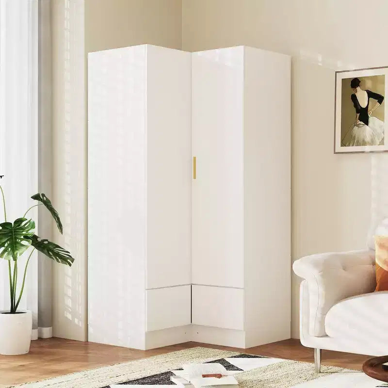Armadio ad angolo marrone/bianco con 2 aste appendiabiti, 2 cassetti e mobile superiore – 1 persona