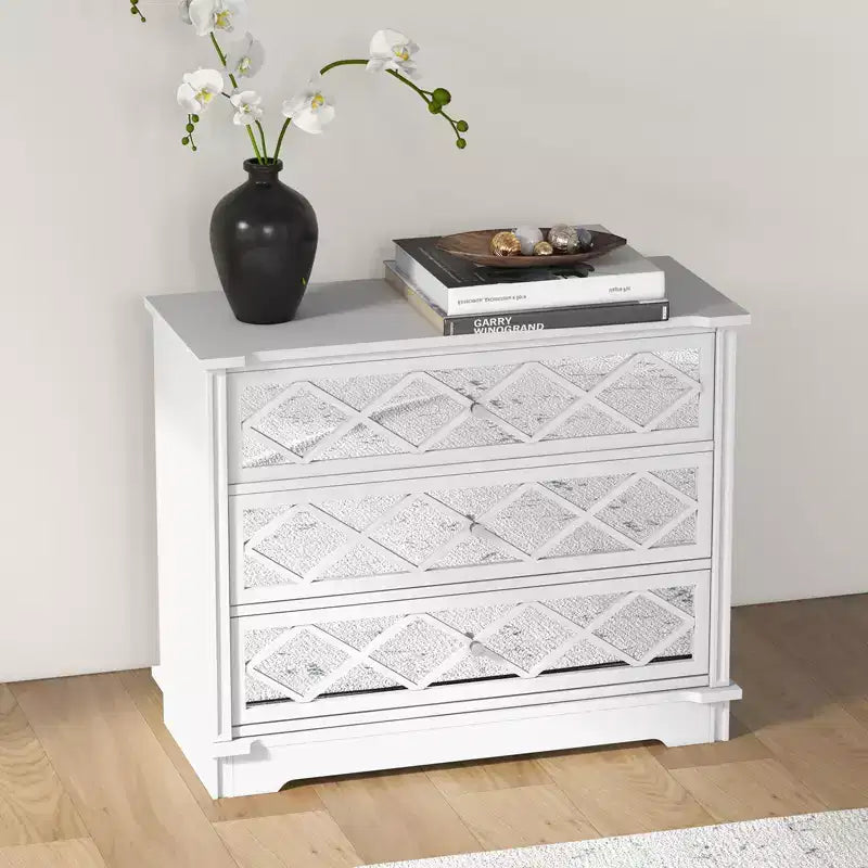 Mobiletto contenitore bianco a 3 cassetti con specchio a griglia diamantata, utilizzo per 1 persona