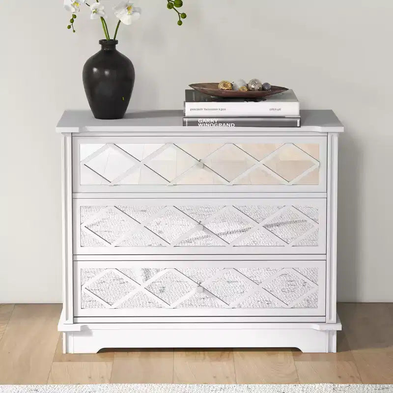 Mobiletto contenitore bianco a 3 cassetti con specchio a griglia diamantata, utilizzo per 1 persona
