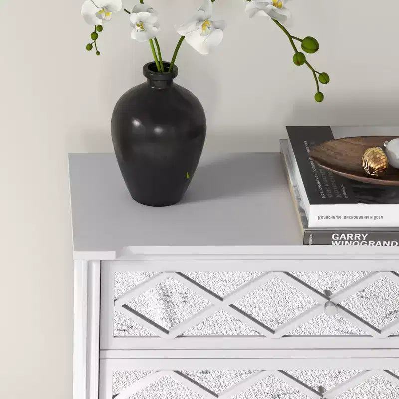 Mobiletto contenitore bianco a 3 cassetti con specchio a griglia diamantata, utilizzo per 1 persona