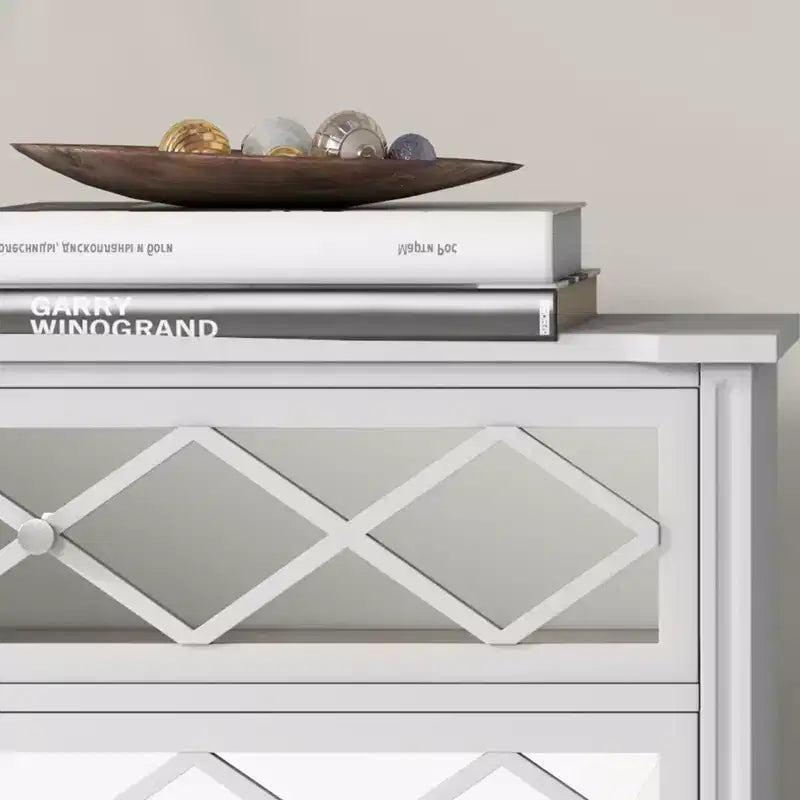 Mobiletto contenitore bianco a 3 cassetti con specchio a griglia diamantata, utilizzo per 1 persona