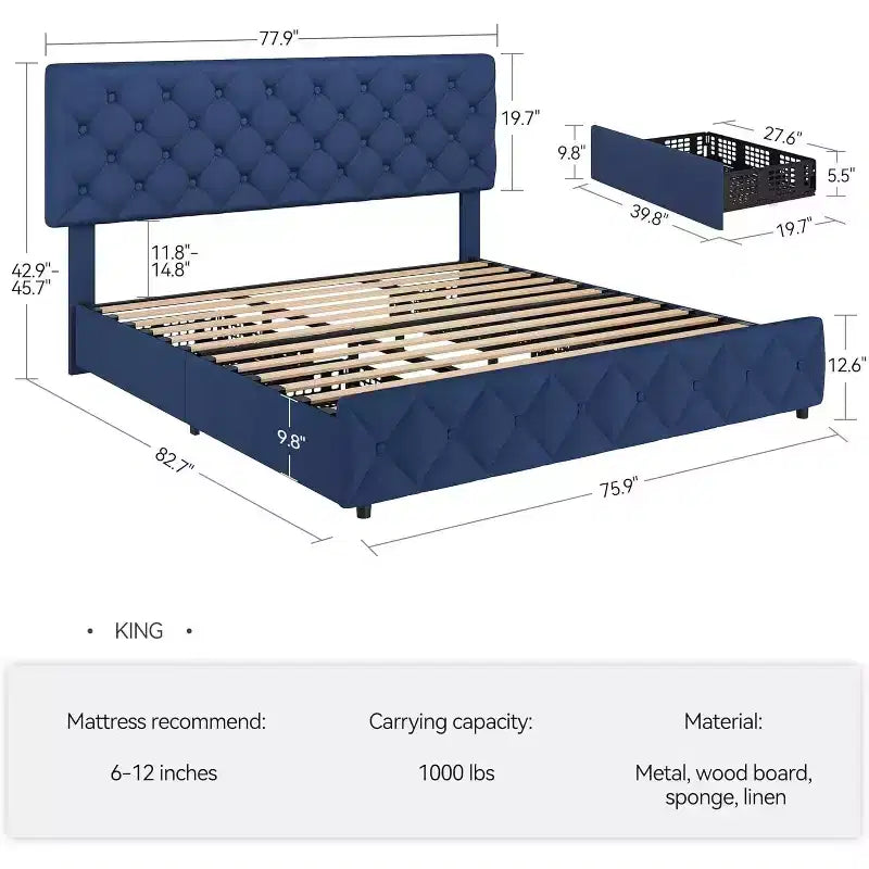 Letto Imbottito Matrimoniale/Doppio in Ecopelle Grigia/Nera/Blu/Bianca con Testiera in Tessuto, 4 Cassetti Contenitore, Misura Francese, Per 1–2 Persone