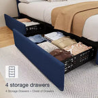 Letto Imbottito Matrimoniale/Doppio in Ecopelle Grigia/Nera/Blu/Bianca con Testiera in Tessuto, 4 Cassetti Contenitore, Misura Francese, Per 1–2 Persone
