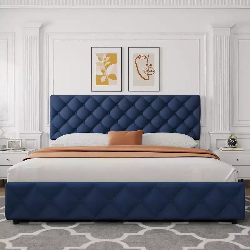 Letto Imbottito Matrimoniale/Doppio in Ecopelle Grigia/Nera/Blu/Bianca con Testiera in Tessuto, 4 Cassetti Contenitore, Misura Francese, Per 1–2 Persone