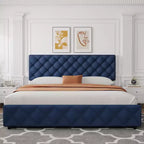 Letto Imbottito Matrimoniale/Doppio in Ecopelle Grigia/Nera/Blu/Bianca con Testiera in Tessuto, 4 Cassetti Contenitore, Misura Francese, Per 1–2 Persone