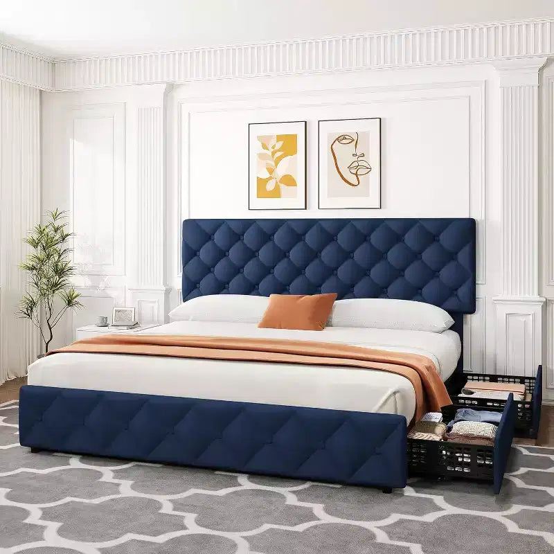 Letto Imbottito Matrimoniale/Doppio in Ecopelle Grigia/Nera/Blu/Bianca con Testiera in Tessuto, 4 Cassetti Contenitore, Misura Francese, Per 1–2 Persone