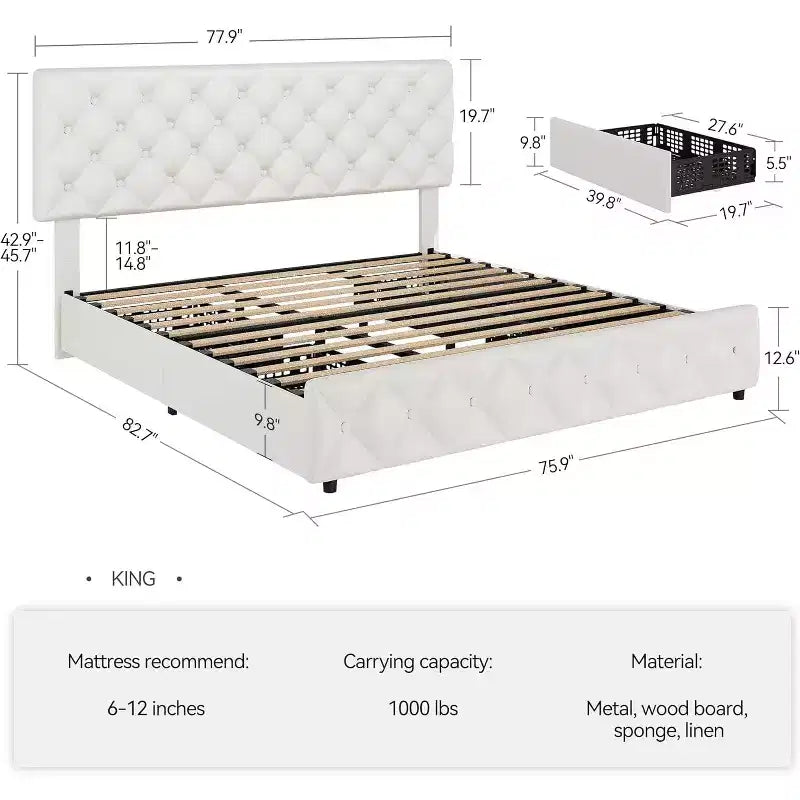 Letto Imbottito Matrimoniale/Doppio in Ecopelle Grigia/Nera/Blu/Bianca con Testiera in Tessuto, 4 Cassetti Contenitore, Misura Francese, Per 1–2 Persone