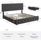 Letto Imbottito Matrimoniale/Doppio in Ecopelle Grigia/Nera/Blu/Bianca con Testiera in Tessuto, 4 Cassetti Contenitore, Misura Francese, Per 1–2 Persone