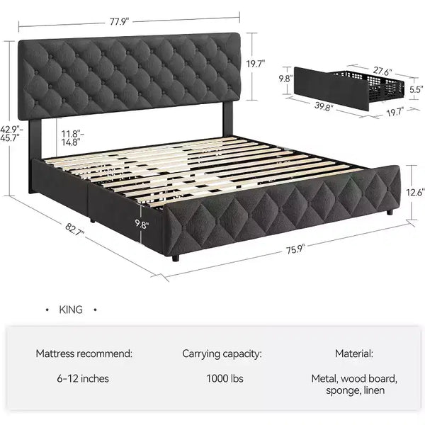 Letto Imbottito Matrimoniale/Doppio in Ecopelle Grigia/Nera/Blu/Bianca con Testiera in Tessuto, 4 Cassetti Contenitore, Misura Francese, Per 1–2 Persone