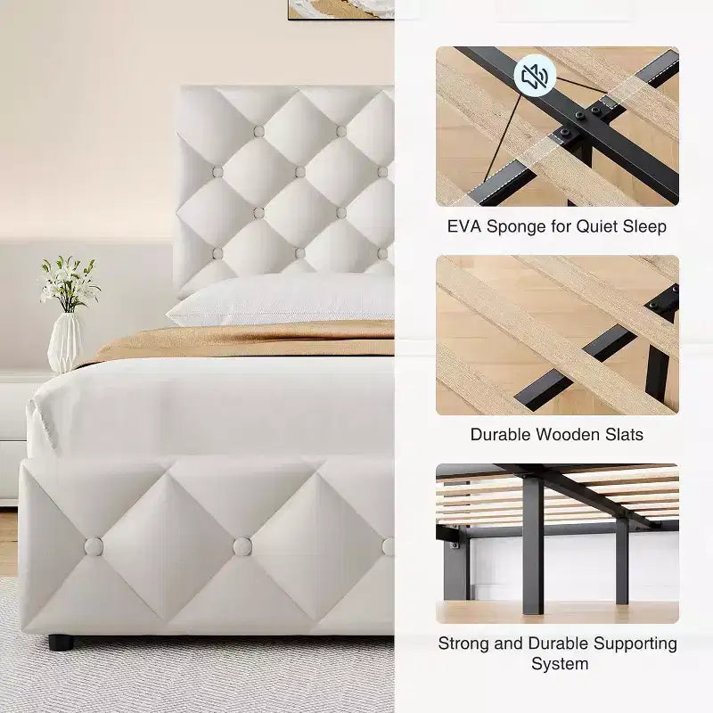 Letto Imbottito Matrimoniale/Doppio in Ecopelle Grigia/Nera/Blu/Bianca con Testiera in Tessuto, 4 Cassetti Contenitore, Misura Francese, Per 1–2 Persone