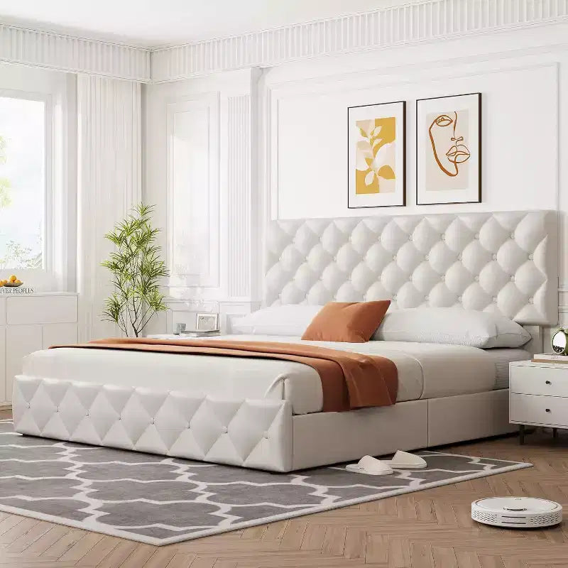 Letto Imbottito Matrimoniale/Doppio in Ecopelle Grigia/Nera/Blu/Bianca con Testiera in Tessuto, 4 Cassetti Contenitore, Misura Francese, Per 1–2 Persone