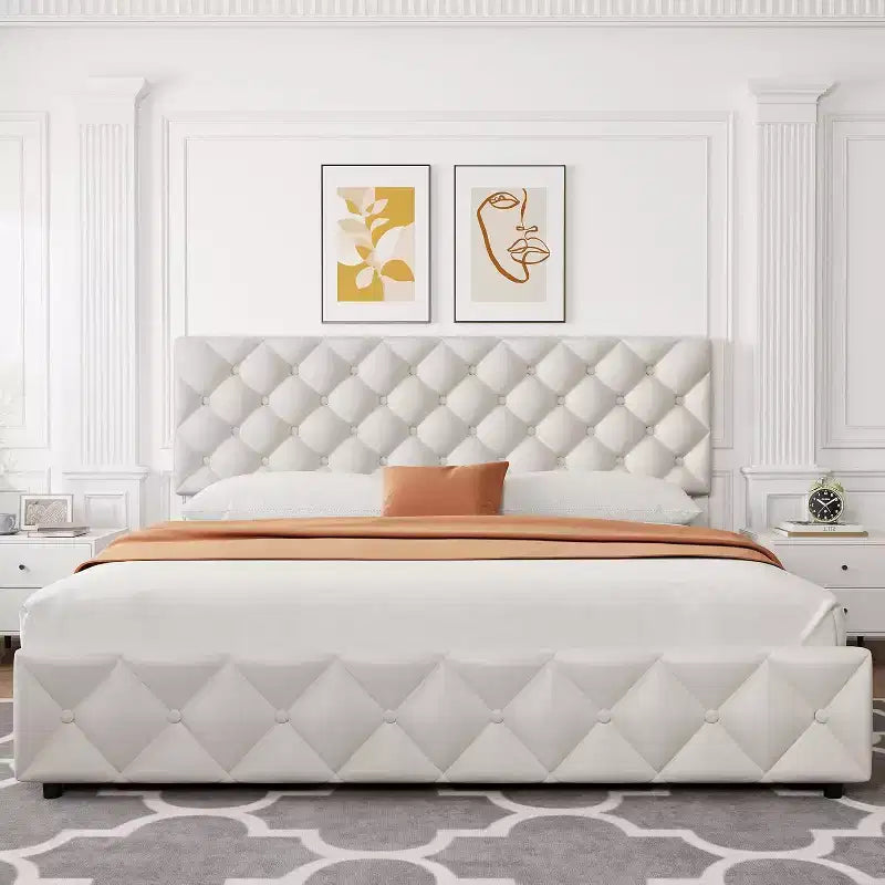 Letto Imbottito Matrimoniale/Doppio in Ecopelle Grigia/Nera/Blu/Bianca con Testiera in Tessuto, 4 Cassetti Contenitore, Misura Francese, Per 1–2 Persone