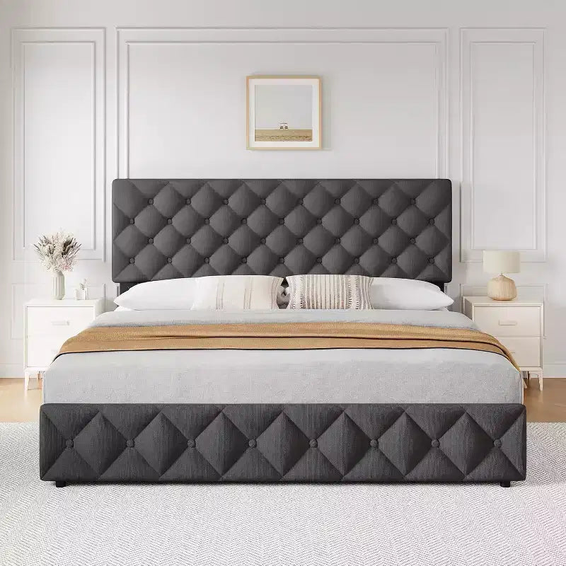 Letto Imbottito Matrimoniale/Doppio in Ecopelle Grigia/Nera/Blu/Bianca con Testiera in Tessuto, 4 Cassetti Contenitore, Misura Francese, Per 1–2 Persone
