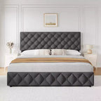 Letto Imbottito Matrimoniale/Doppio in Ecopelle Grigia/Nera/Blu/Bianca con Testiera in Tessuto, 4 Cassetti Contenitore, Misura Francese, Per 1–2 Persone