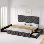 Letto Imbottito Matrimoniale/Doppio in Ecopelle Grigia/Nera/Blu/Bianca con Testiera in Tessuto, 4 Cassetti Contenitore, Misura Francese, Per 1–2 Persone