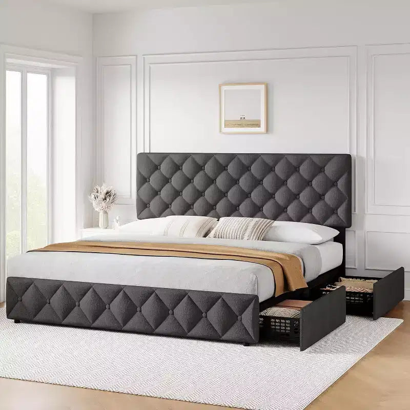 Letto Imbottito Matrimoniale/Doppio in Ecopelle Grigia/Nera/Blu/Bianca con Testiera in Tessuto, 4 Cassetti Contenitore, Misura Francese, Per 1–2 Persone