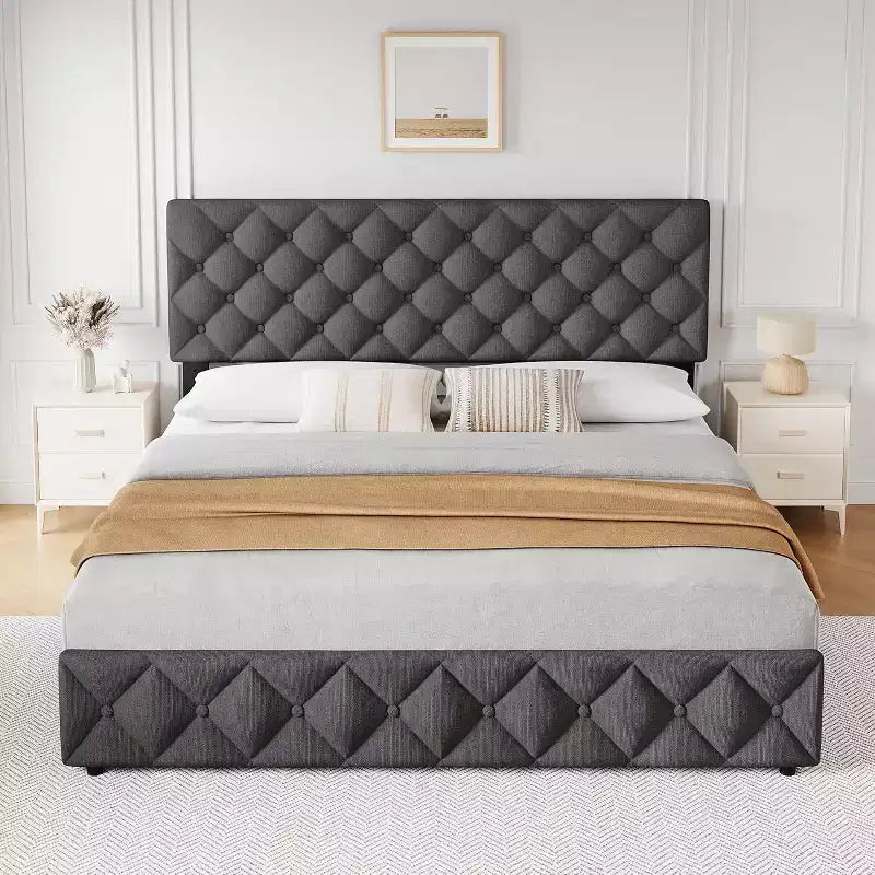 Letto Imbottito Matrimoniale/Doppio in Ecopelle Grigia/Nera/Blu/Bianca con Testiera in Tessuto, 4 Cassetti Contenitore, Misura Francese, Per 1–2 Persone