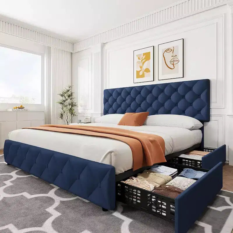 Letto Imbottito Matrimoniale/Doppio in Ecopelle Grigia/Nera/Blu/Bianca con Testiera in Tessuto, 4 Cassetti Contenitore, Misura Francese, Per 1–2 Persone