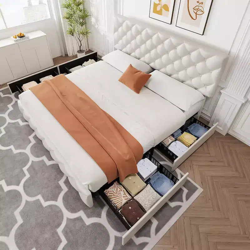 Letto Imbottito Matrimoniale/Doppio in Ecopelle Grigia/Nera/Blu/Bianca con Testiera in Tessuto, 4 Cassetti Contenitore, Misura Francese, Per 1–2 Persone