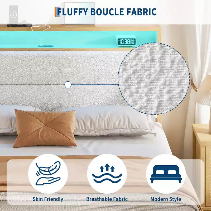 Struttura letto a piattaforma in bouclé circolare bianco sporco/bianco puro con luci LED – 1 persona