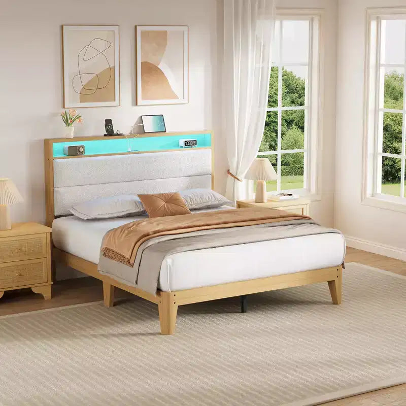 Struttura letto a piattaforma in bouclé circolare bianco sporco/bianco puro con luci LED – 1 persona