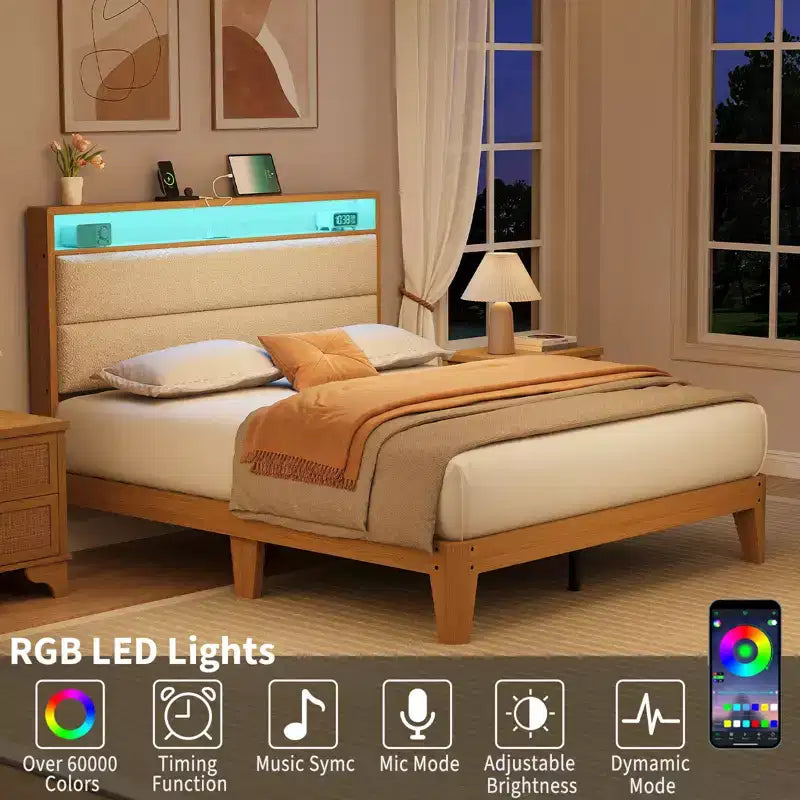 Struttura letto a piattaforma in bouclé circolare bianco sporco/bianco puro con luci LED – 1 persona