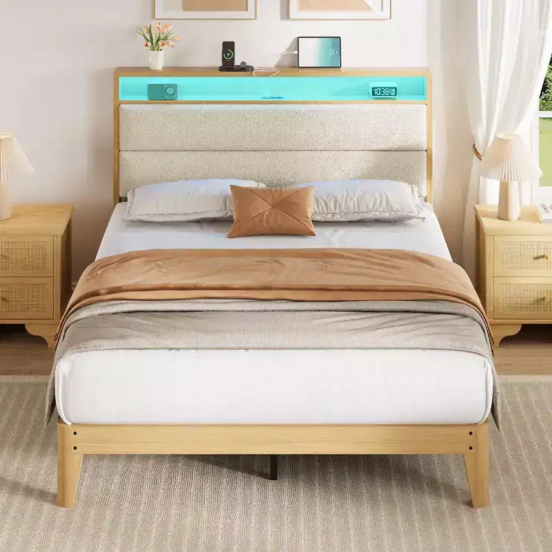 Bed frame, circular fabric platform bed frame with LED lights, upholstered headboard with built-in charging station, no spring mattress required