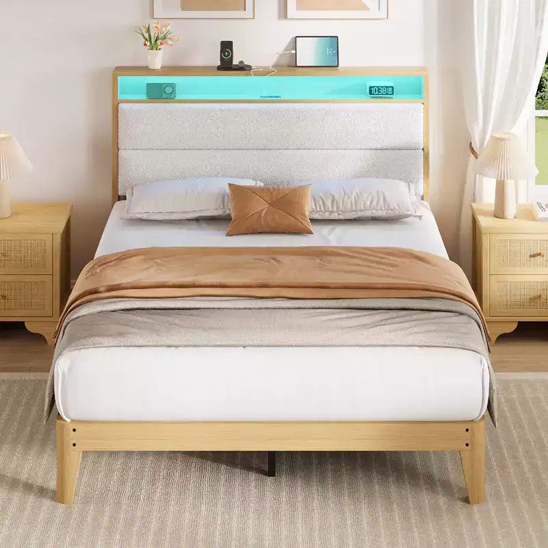 Struttura letto a piattaforma in bouclé circolare bianco sporco/bianco puro con luci LED – 1 persona