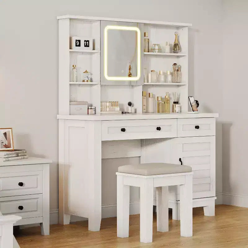 Toeletta per il trucco marrone e bianca con specchio LED, cassetti e sgabello, 1 persona
