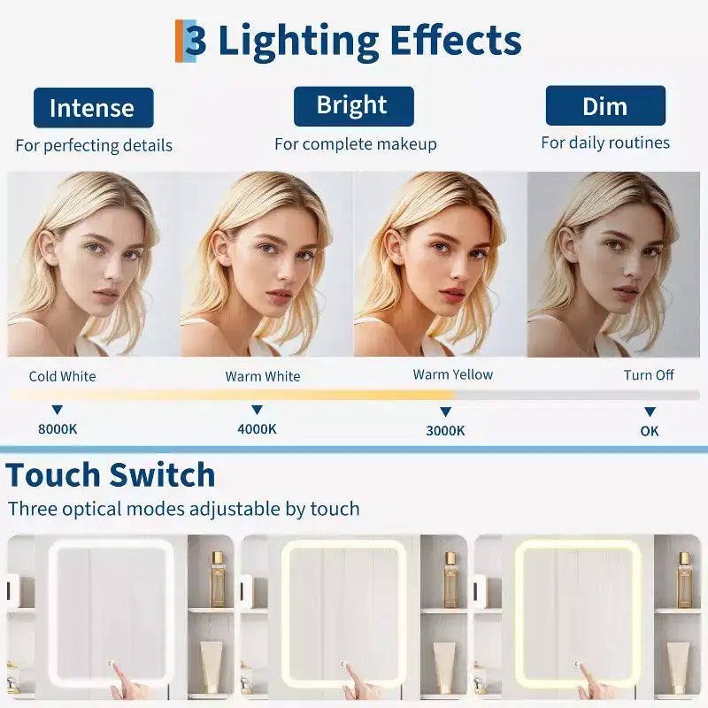 Toeletta per il trucco marrone e bianca con specchio LED, cassetti e sgabello, 1 persona